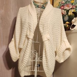 Cream Chunky Knit Shawl Cardigan Sweater by Say What Sz L